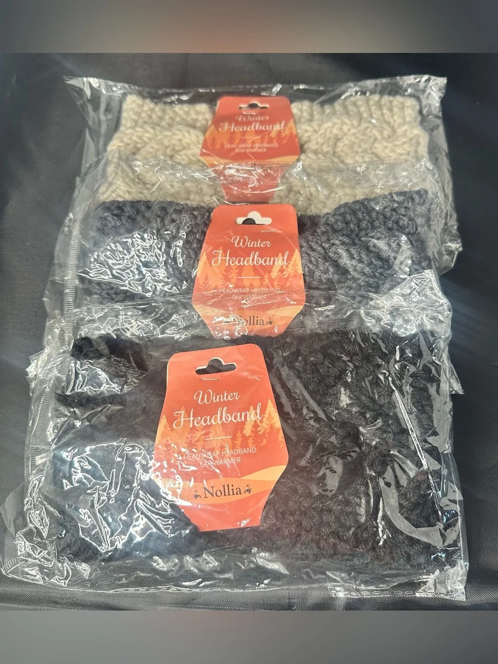 Nollia Winter Knit Headband Ear Warmer 3 Pack Black Gray Cream